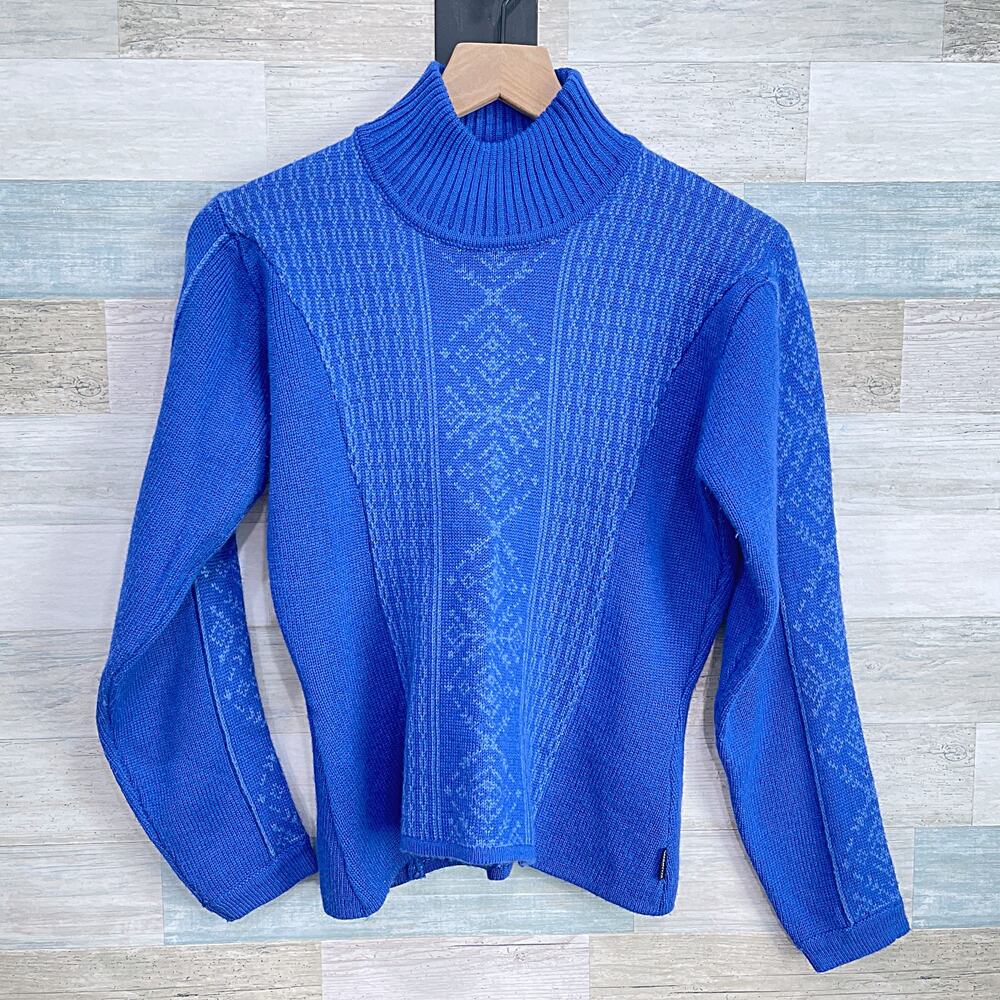 Obermeyer Vintage Wool Blend Mock Neck Ski Sweater Blue Fair Isle Womens Medium